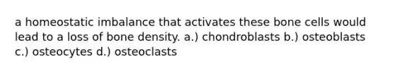 a homeostatic imbalance that activates these bone cells would lead to a loss of bone density. a.) chondroblasts b.) osteoblasts c.) osteocytes d.) osteoclasts