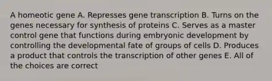 A homeotic gene A. Represses gene transcription B. Turns on the genes necessary for synthesis of proteins C. Serves as a master control gene that functions during embryonic development by controlling the developmental fate of groups of cells D. Produces a product that controls the transcription of other genes E. All of the choices are correct