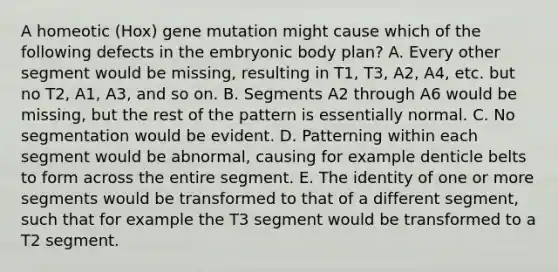 A homeotic (Hox) gene mutation might cause which of the following defects in the embryonic body plan? A. Every other segment would be missing, resulting in T1, T3, A2, A4, etc. but no T2, A1, A3, and so on. B. Segments A2 through A6 would be missing, but the rest of the pattern is essentially normal. C. No segmentation would be evident. D. Patterning within each segment would be abnormal, causing for example denticle belts to form across the entire segment. E. The identity of one or more segments would be transformed to that of a different segment, such that for example the T3 segment would be transformed to a T2 segment.