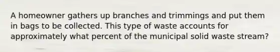 A homeowner gathers up branches and trimmings and put them in bags to be collected. This type of waste accounts for approximately what percent of the municipal solid waste stream?