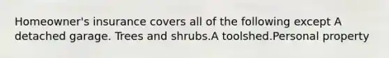 Homeowner's insurance covers all of the following except A detached garage. Trees and shrubs.A toolshed.Personal property