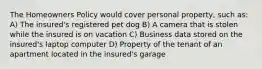 The Homeowners Policy would cover personal property, such as: A) The insured's registered pet dog B) A camera that is stolen while the insured is on vacation C) Business data stored on the insured's laptop computer D) Property of the tenant of an apartment located in the insured's garage