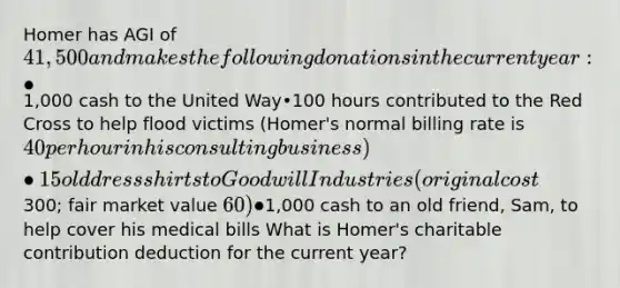 Homer has AGI of 41,500 and makes the following donations in the current year: •1,000 cash to the United Way•100 hours contributed to the Red Cross to help flood victims (Homer's normal billing rate is 40 per hour in his consulting business)•15 old dress shirts to Goodwill Industries (original cost300; fair market value 60)•1,000 cash to an old friend, Sam, to help cover his medical bills What is Homer's charitable contribution deduction for the current year?