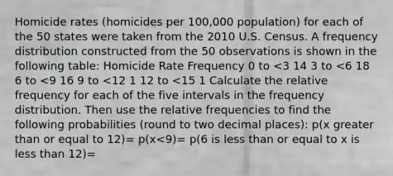 Homicide rates (homicides per 100,000 population) for each of the 50 states were taken from the 2010 U.S. Census. A frequency distribution constructed from the 50 observations is shown in the following table: Homicide Rate Frequency 0 to <3 14 3 to <6 18 6 to <9 16 9 to <12 1 12 to <15 1 Calculate the relative frequency for each of the five intervals in the frequency distribution. Then use the relative frequencies to find the following probabilities (round to two decimal places): p(x greater than or equal to 12)= p(x<9)= p(6 is less than or equal to x is less than 12)=