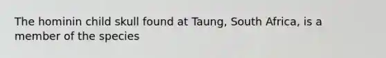 The hominin child skull found at Taung, South Africa, is a member of the species