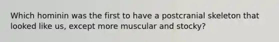 Which hominin was the first to have a postcranial skeleton that looked like us, except more muscular and stocky?