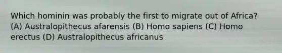 Which hominin was probably the first to migrate out of Africa? (A) Australopithecus afarensis (B) Homo sapiens (C) Homo erectus (D) Australopithecus africanus