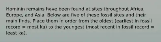 Hominin remains have been found at sites throughout Africa, Europe, and Asia. Below are five of these fossil sites and their main finds. Place them in order from the oldest (earliest in fossil record = most ka) to the youngest (most recent in fossil record = least ka).