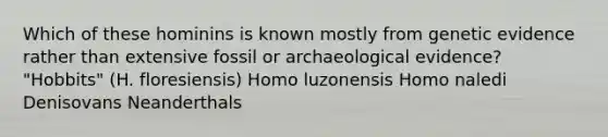 Which of these hominins is known mostly from genetic evidence rather than extensive fossil or archaeological evidence? "Hobbits" (H. floresiensis) Homo luzonensis Homo naledi Denisovans Neanderthals