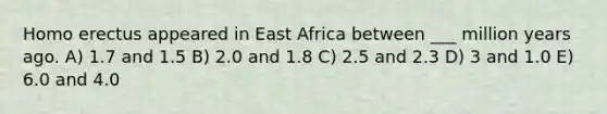 Homo erectus appeared in East Africa between ___ million years ago. A) 1.7 and 1.5 B) 2.0 and 1.8 C) 2.5 and 2.3 D) 3 and 1.0 E) 6.0 and 4.0