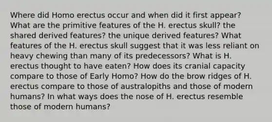 Where did Homo erectus occur and when did it first appear? What are the primitive features of the H. erectus skull? the shared derived features? the unique derived features? What features of the H. erectus skull suggest that it was less reliant on heavy chewing than many of its predecessors? What is H. erectus thought to have eaten? How does its cranial capacity compare to those of Early Homo? How do the brow ridges of H. erectus compare to those of australopiths and those of modern humans? In what ways does the nose of H. erectus resemble those of modern humans?