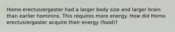 Homo erectus/ergaster had a larger body size and larger brain than earlier hominins. This requires more energy. How did Homo erectus/ergaster acquire their energy (food)?