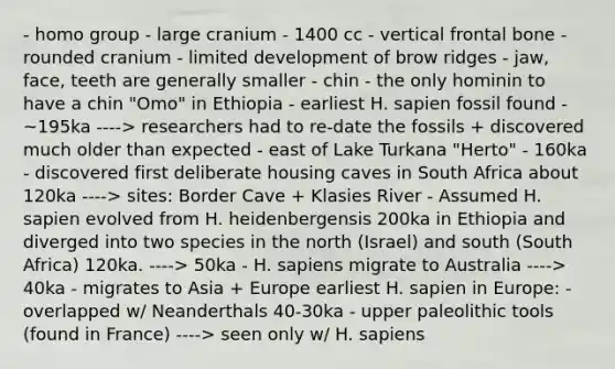 - homo group - large cranium - 1400 cc - vertical frontal bone - rounded cranium - limited development of brow ridges - jaw, face, teeth are generally smaller - chin - the only hominin to have a chin "Omo" in Ethiopia - earliest H. sapien fossil found - ~195ka ----> researchers had to re-date the fossils + discovered much older than expected - east of Lake Turkana "Herto" - 160ka - discovered first deliberate housing caves in South Africa about 120ka ----> sites: Border Cave + Klasies River - Assumed H. sapien evolved from H. heidenbergensis 200ka in Ethiopia and diverged into two species in the north (Israel) and south (South Africa) 120ka. ----> 50ka - H. sapiens migrate to Australia ----> 40ka - migrates to Asia + Europe earliest H. sapien in Europe: - overlapped w/ Neanderthals 40-30ka - upper paleolithic tools (found in France) ----> seen only w/ H. sapiens