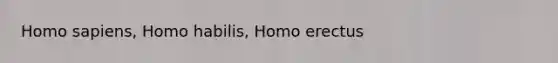 <a href='https://www.questionai.com/knowledge/k9aqcXDhxN-homo-sapiens' class='anchor-knowledge'>homo sapiens</a>, <a href='https://www.questionai.com/knowledge/kG3hgw3hYa-homo-habilis' class='anchor-knowledge'>homo habilis</a>, <a href='https://www.questionai.com/knowledge/kI1ONx7LAC-homo-erectus' class='anchor-knowledge'>homo erectus</a>