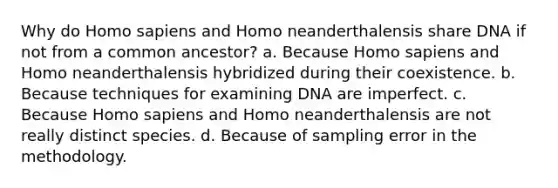 Why do Homo sapiens and Homo neanderthalensis share DNA if not from a common ancestor? a. Because Homo sapiens and Homo neanderthalensis hybridized during their coexistence. b. Because techniques for examining DNA are imperfect. c. Because Homo sapiens and Homo neanderthalensis are not really distinct species. d. Because of sampling error in the methodology.