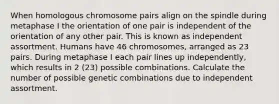 When homologous chromosome pairs align on the spindle during metaphase I the orientation of one pair is independent of the orientation of any other pair. This is known as independent assortment. Humans have 46 chromosomes, arranged as 23 pairs. During metaphase I each pair lines up independently, which results in 2 (23) possible combinations. Calculate the number of possible genetic combinations due to independent assortment.