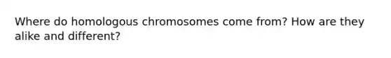 Where do homologous chromosomes come from? How are they alike and different?