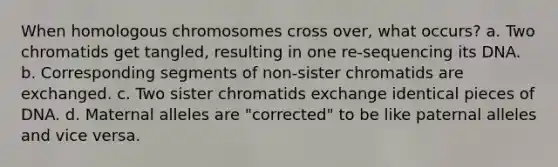 When homologous chromosomes cross over, what occurs? a. Two chromatids get tangled, resulting in one re-sequencing its DNA. b. Corresponding segments of non-sister chromatids are exchanged. c. Two sister chromatids exchange identical pieces of DNA. d. Maternal alleles are "corrected" to be like paternal alleles and vice versa.