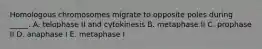 Homologous chromosomes migrate to opposite poles during _____. A. telophase II and cytokinesis B. metaphase II C. prophase II D. anaphase I E. metaphase I