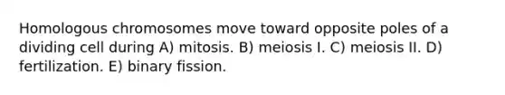 Homologous chromosomes move toward opposite poles of a dividing cell during A) mitosis. B) meiosis I. C) meiosis II. D) fertilization. E) binary fission.