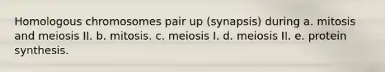 Homologous chromosomes pair up (synapsis) during a. mitosis and meiosis II. b. mitosis. c. meiosis I. d. meiosis II. e. protein synthesis.