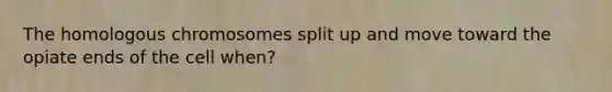 The homologous chromosomes split up and move toward the opiate ends of the cell when?