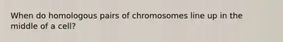 When do homologous pairs of chromosomes line up in the middle of a cell?