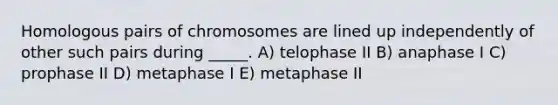 Homologous pairs of chromosomes are lined up independently of other such pairs during _____. A) telophase II B) anaphase I C) prophase II D) metaphase I E) metaphase II