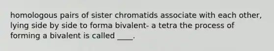 homologous pairs of sister chromatids associate with each other, lying side by side to forma bivalent- a tetra the process of forming a bivalent is called ____.