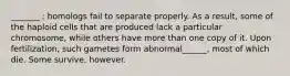 _______ : homologs fail to separate properly. As a result, some of the haploid cells that are produced lack a particular chromosome, while others have more than one copy of it. Upon fertilization, such gametes form abnormal______, most of which die. Some survive, however.