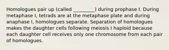 Homologues pair up (called _________) during prophase I. During metaphase I, tetrads are at the metaphase plate and during anaphase I, homologues separate. Separation of homologues makes the daughter cells following meiosis I haploid because each daughter cell receives only one chromosome from each pair of homologues.