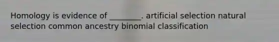 Homology is evidence of ________. artificial selection natural selection common ancestry binomial classification