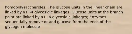 homopolysaccharides; The glucose units in the linear chain are linked by α1→4 glycosidic linkages. Glucose units at the branch point are linked by α1→6 glycosidic linkages; Enzymes sequentially remove or add glucose from the ends of the glycogen molecule