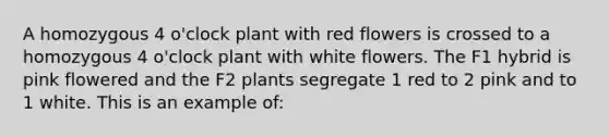 A homozygous 4 o'clock plant with red flowers is crossed to a homozygous 4 o'clock plant with white flowers. The F1 hybrid is pink flowered and the F2 plants segregate 1 red to 2 pink and to 1 white. This is an example of: