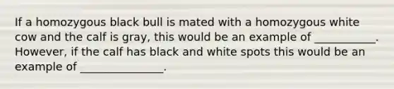 If a homozygous black bull is mated with a homozygous white cow and the calf is gray, this would be an example of ___________. However, if the calf has black and white spots this would be an example of _______________.