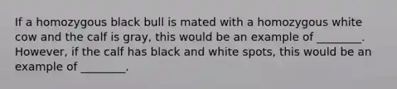 If a homozygous black bull is mated with a homozygous white cow and the calf is gray, this would be an example of ________. However, if the calf has black and white spots, this would be an example of ________.