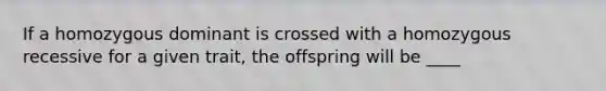 If a homozygous dominant is crossed with a homozygous recessive for a given trait, the offspring will be ____