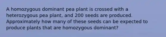 A homozygous dominant pea plant is crossed with a heterozygous pea plant, and 200 seeds are produced. Approximately how many of these seeds can be expected to produce plants that are homozygous dominant?