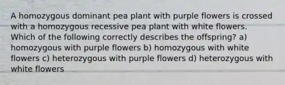 A homozygous dominant pea plant with purple flowers is crossed with a homozygous recessive pea plant with white flowers. Which of the following correctly describes the offspring? a) homozygous with purple flowers b) homozygous with white flowers c) heterozygous with purple flowers d) heterozygous with white flowers