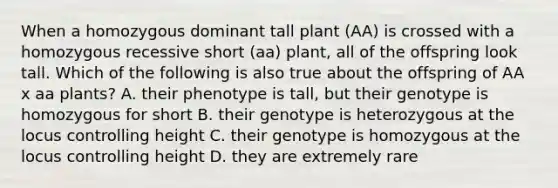 When a homozygous dominant tall plant (AA) is crossed with a homozygous recessive short (aa) plant, all of the offspring look tall. Which of the following is also true about the offspring of AA x aa plants? A. their phenotype is tall, but their genotype is homozygous for short B. their genotype is heterozygous at the locus controlling height C. their genotype is homozygous at the locus controlling height D. they are extremely rare