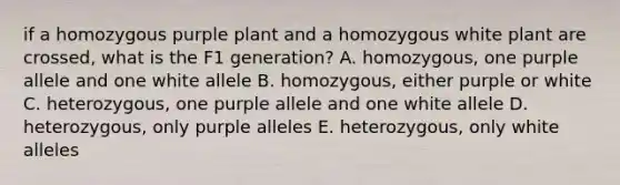 if a homozygous purple plant and a homozygous white plant are crossed, what is the F1 generation? A. homozygous, one purple allele and one white allele B. homozygous, either purple or white C. heterozygous, one purple allele and one white allele D. heterozygous, only purple alleles E. heterozygous, only white alleles