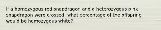 If a homozygous red snapdragon and a heterozygous pink snapdragon were crossed, what percentage of the offspring would be homozygous white?