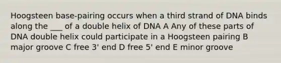 Hoogsteen base-pairing occurs when a third strand of DNA binds along the ___ of a double helix of DNA A Any of these parts of DNA double helix could participate in a Hoogsteen pairing B major groove C free 3' end D free 5' end E minor groove