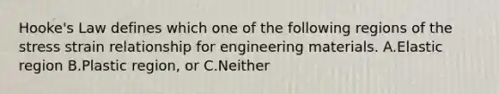 Hooke's Law defines which one of the following regions of the stress strain relationship for engineering materials. A.Elastic region B.Plastic region, or C.Neither