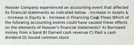 Hoosier Company experienced an accounting event that affected its financial statements as indicated below. - Increase in Assets & - Increase in Equity & - Increase in Financing Cash Flows Which of the following accounting events could have caused these effects on the elements of Hoosier's financial statements? A) Borrowed money from a bank B) Earned cash revenue C) Paid a cash dividend D) Issued common stock