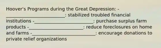 Hoover's Programs during the Great Depression: -__________________________: stabilized troubled financial institutions -__________________________: purchase surplus farm products -________________________: reduce foreclosures on home and farms -____________________________: encourage donations to private relief organizations