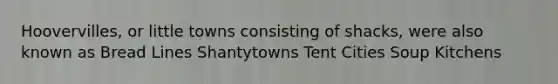 Hoovervilles, or little towns consisting of shacks, were also known as Bread Lines Shantytowns Tent Cities Soup Kitchens