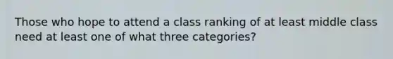 Those who hope to attend a class ranking of at least middle class need at least one of what three categories?