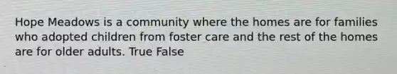 Hope Meadows is a community where the homes are for families who adopted children from foster care and the rest of the homes are for older adults. True False