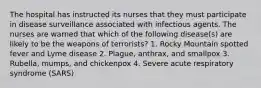 The hospital has instructed its nurses that they must participate in disease surveillance associated with infectious agents. The nurses are warned that which of the following disease(s) are likely to be the weapons of terrorists? 1. Rocky Mountain spotted fever and Lyme disease 2. Plague, anthrax, and smallpox 3. Rubella, mumps, and chickenpox 4. Severe acute respiratory syndrome (SARS)